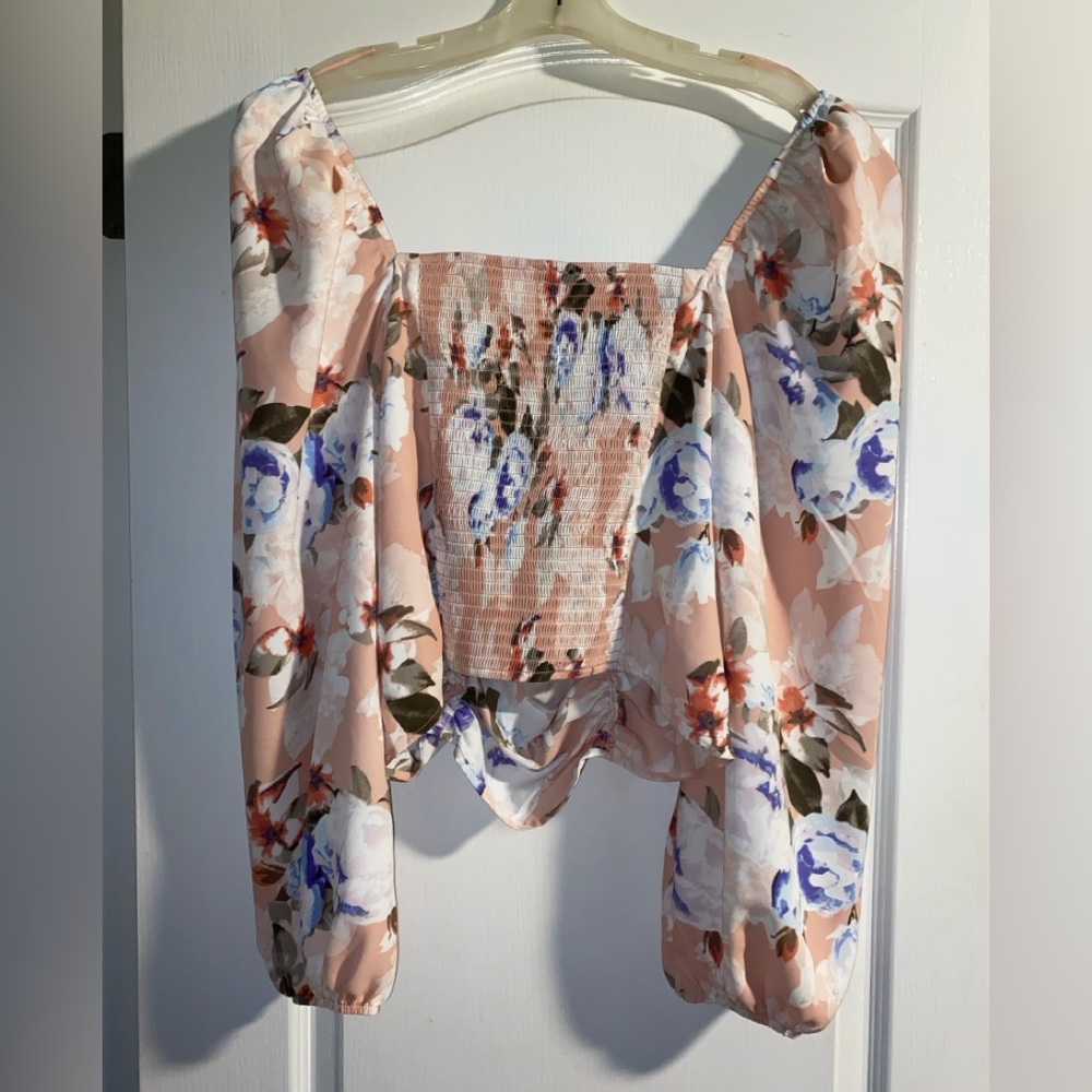 Express Floral Print Ruched Puff Sleeve Square Neck Off Shoulder Top Large - Picture 2 of 12